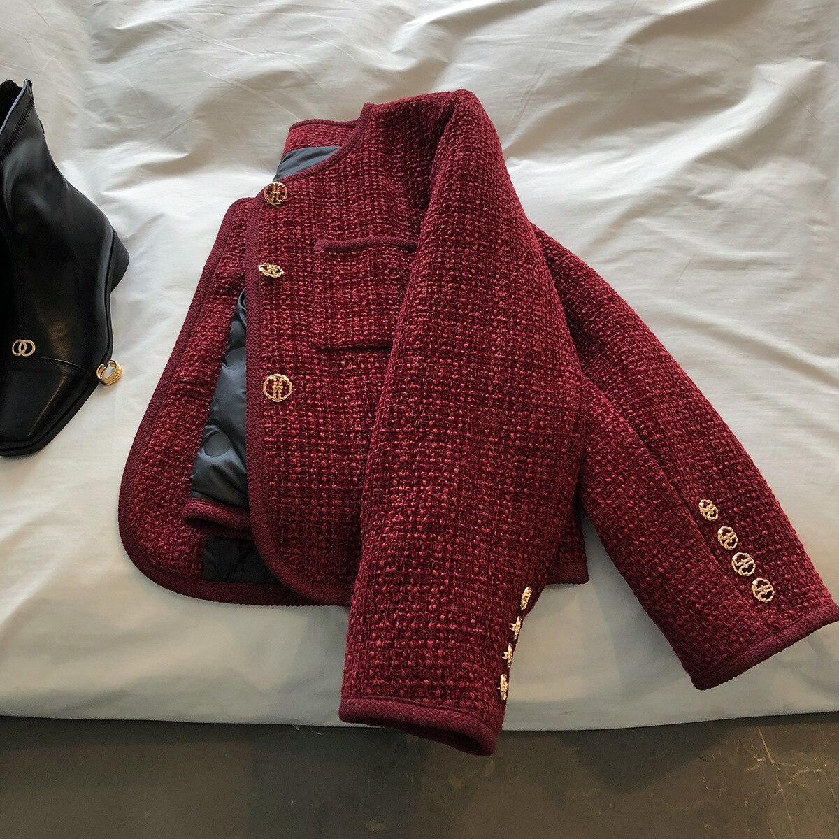 [Korean Style] Cotton Quilted Collarless Cropped Tweed Jacket