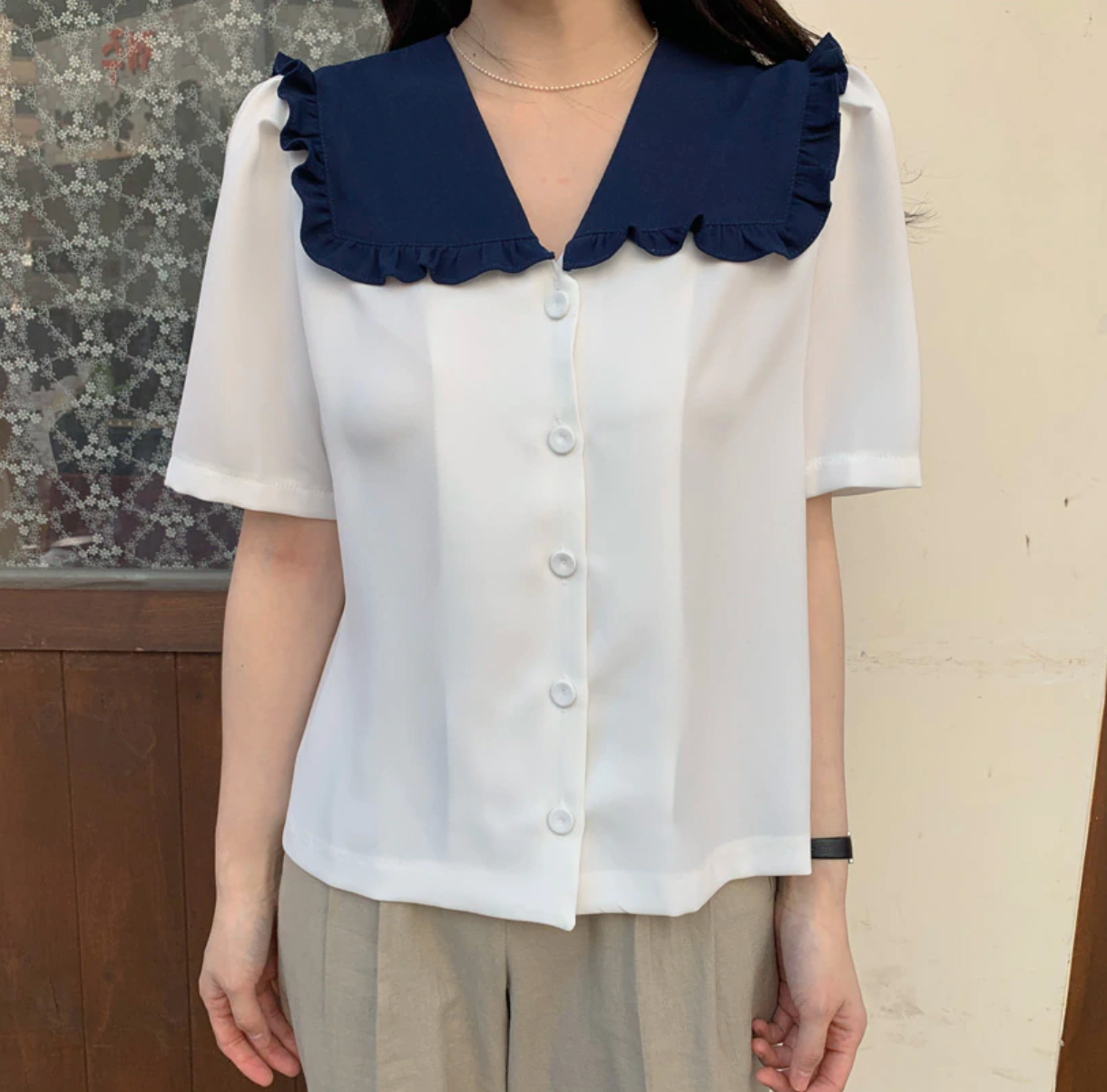 [Korean Style] Heidi Sailor Collar Ruffle Blouse