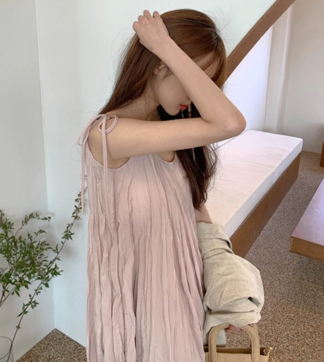 [Korean Style] Wester Pink Wrinkle Cami Dress