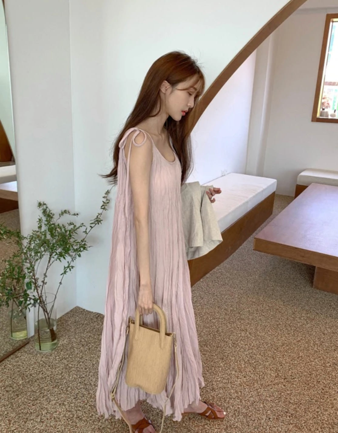 [Korean Style] Wester Pink Wrinkle Cami Dress