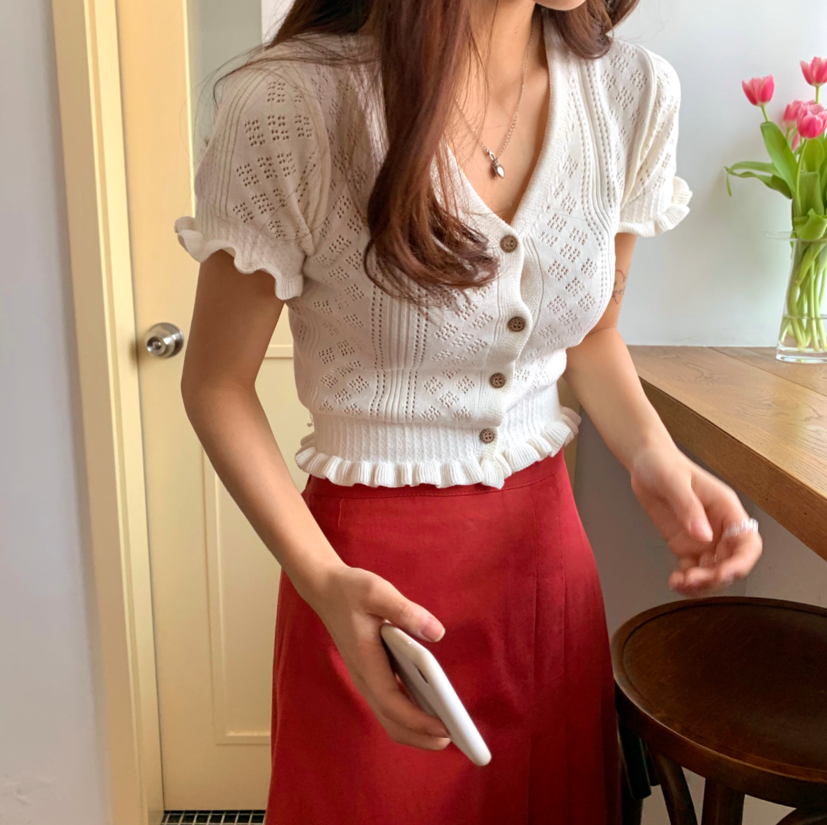 [Korean Style] Lacy Ruffle Cropped Top