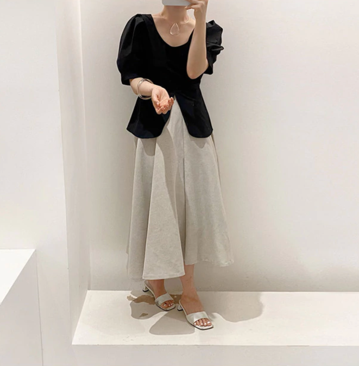 [Korean Style] Deborah Slit Puff Sleeve Top w/ A line Skirt 2 Piece Set
