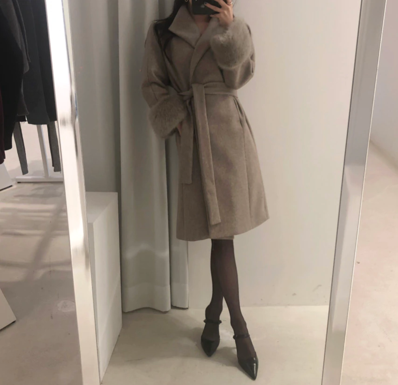 [Korean Style] Filicca Belted Wool Coat with Fur Scarf