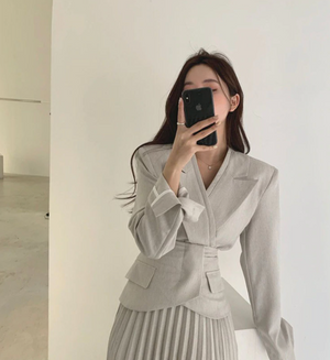 [Korean Style] Nalia Blazer w/ Pleated Slit Skirt 2 Piece  Set