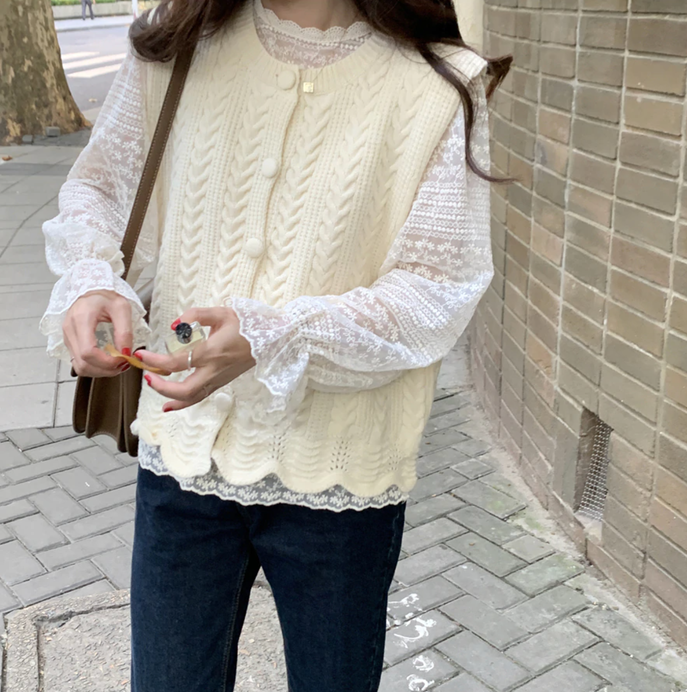 [Korean Style] Blye Lace Blouse w/ Knit Vest 2 Piece Set
