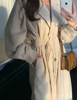 [Korean Style] Hosann Wool Blends Plaid Long Coat w/ Puff Sleeves