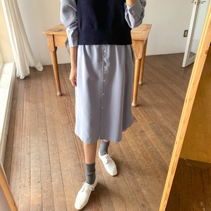 [Korean Style] Lizette Midi Shirt Dress Navy Sleeveless Knit Vest