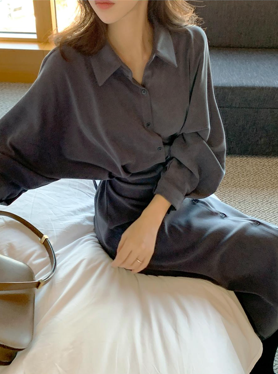 [Korean Style] Berthe Solid Color Drawstring Shirt Dress
