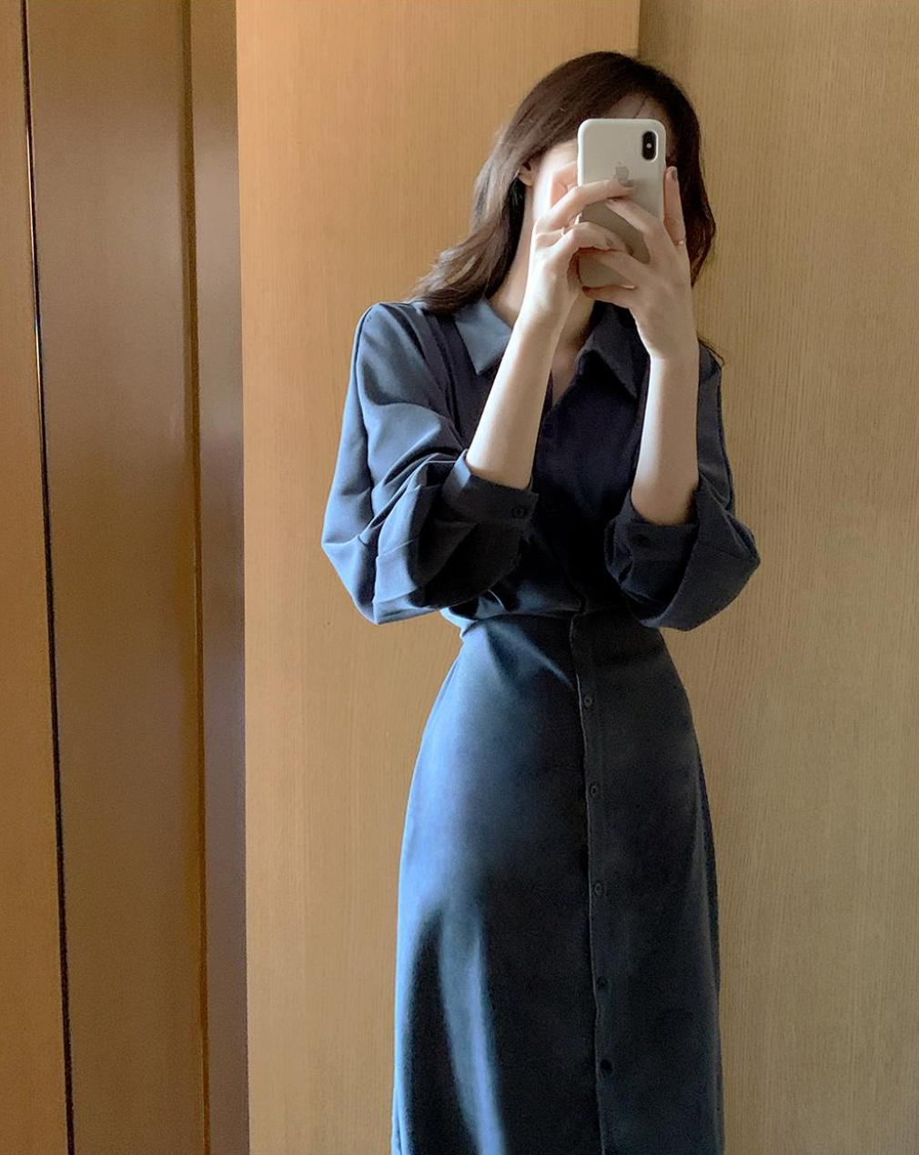 [Korean Style] Berthe Solid Color Drawstring Shirt Dress