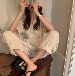 [Korean Style] Almond V-neck Short Sleeve Jumpsuit Overalls Belted Romper