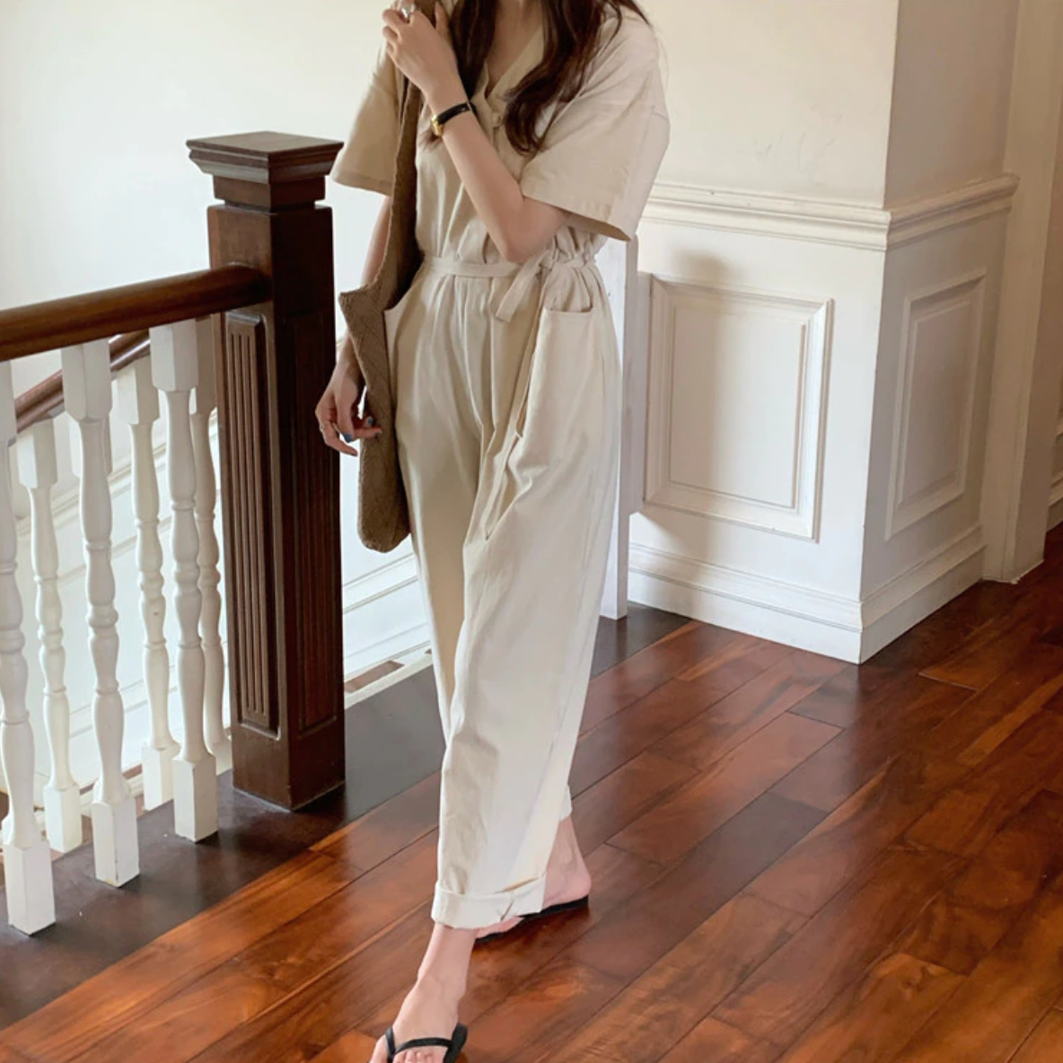 [Korean Style] Almond V-neck Short Sleeve Jumpsuit Overalls Belted Romper