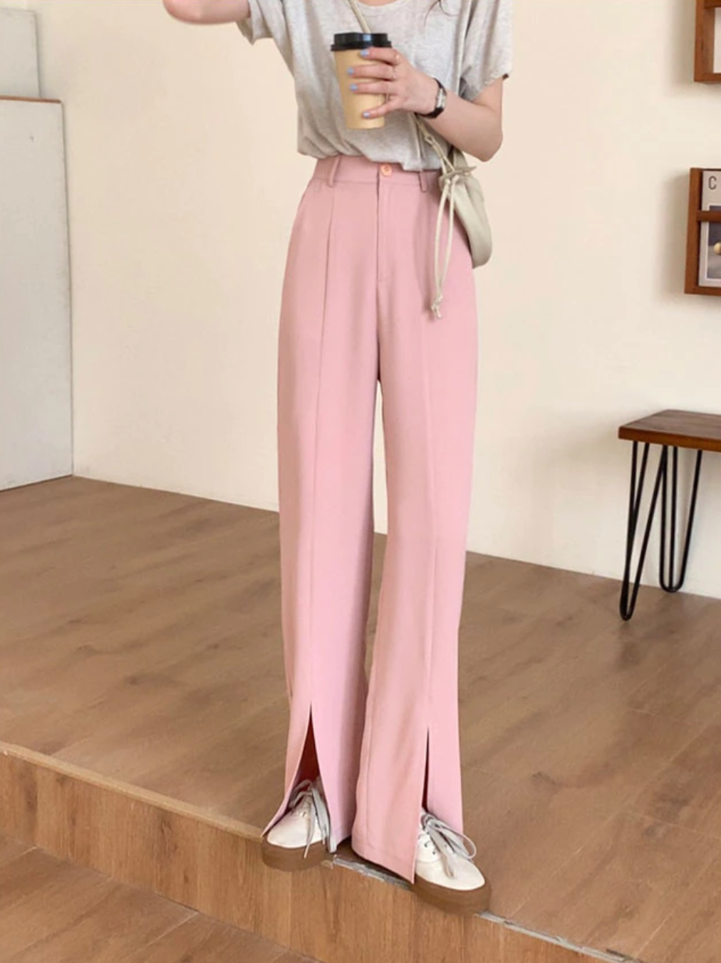 [Korean Style] Bleton High Waist Wide Leg Slit Trouser