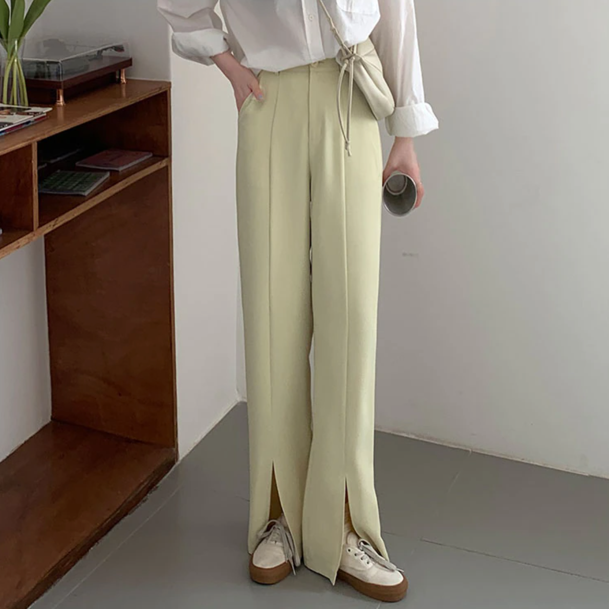 [Korean Style] Bleton High Waist Wide Leg Slit Trouser