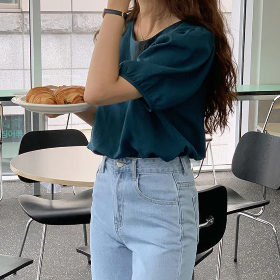 [Korean Style] Moss Solid Color Boat Neck Blouse Top w/ Short Puffy Sleeves