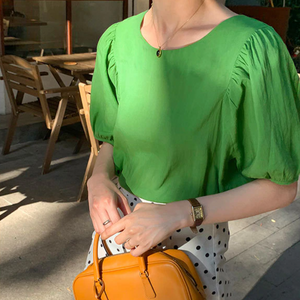 [Korean Style] Moss Solid Color Boat Neck Blouse Top w/ Short Puffy Sleeves