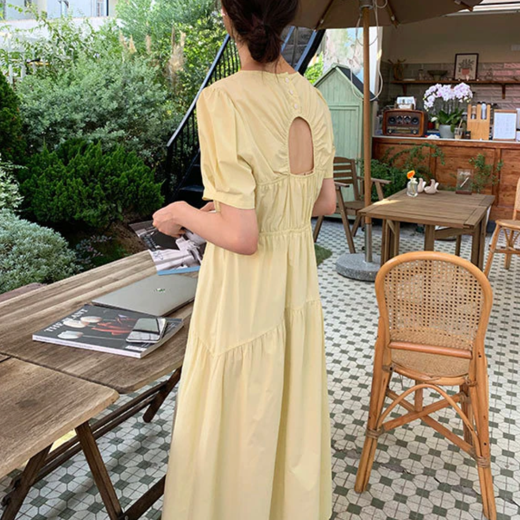 [Korean Style] Solid Color O-Neck Cut out Back Maxi Dress w/ Puffy Sleeves