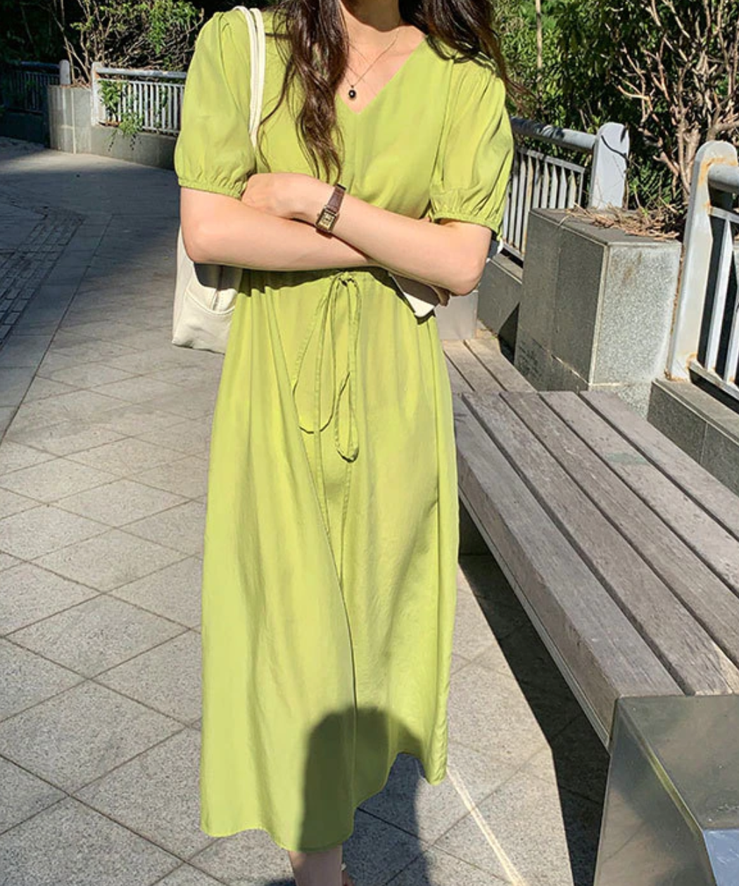 [Korean Style] Minimalistic V-Neck Drawstring Solid Color Summer Dress
