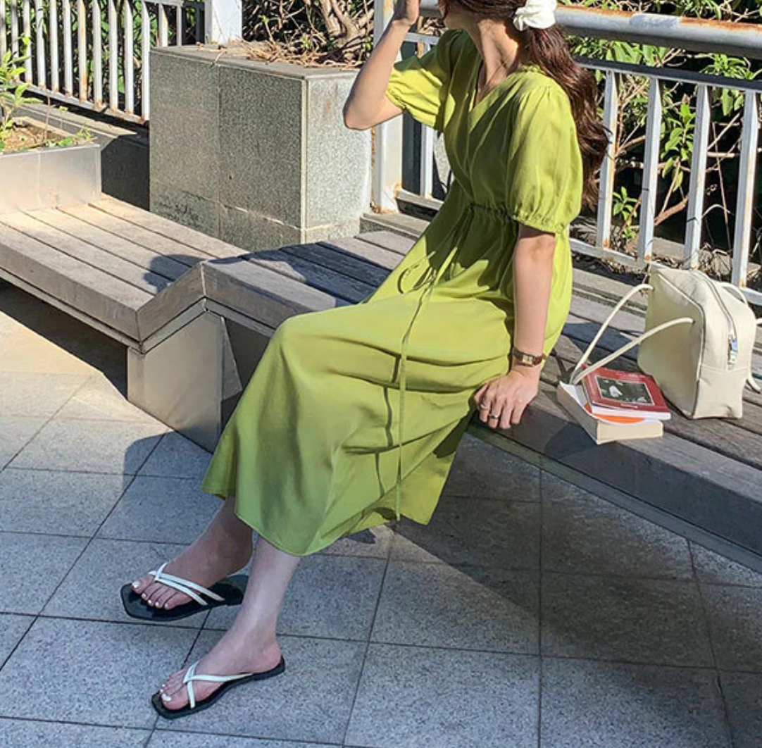 [Korean Style] Minimalistic V-Neck Drawstring Solid Color Summer Dress