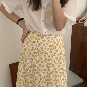 [Korean Style] 4 Colors Floral Print Cinched Waist A-Line Skirt