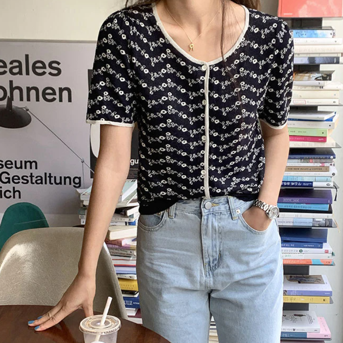 [Korean Style] Verena Pattern Short Sleeve Knit Top Cardigan