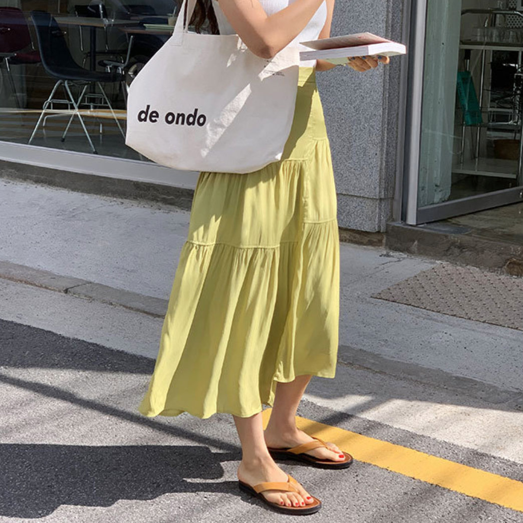 [Korean Style] Solid Color High Waist Asymmetrical Cinched Waist Tiered Maxi Skirt