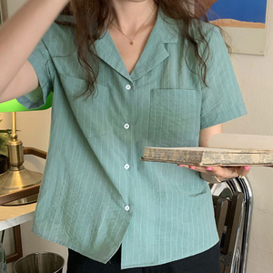 [Korean Style] 4 Colors Notched Collar Striped Shirts w/ Pockets