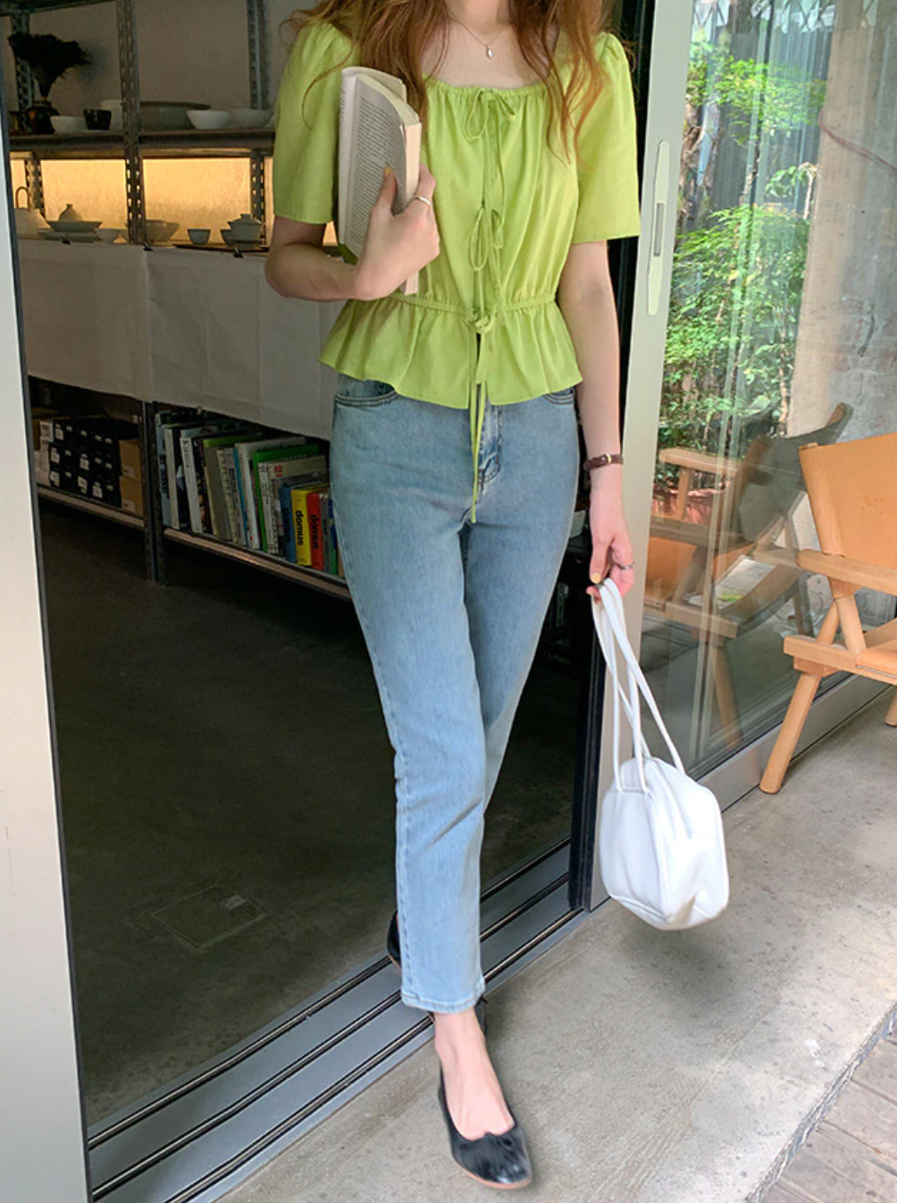 [Korean Style] Square Neck Drawstring Ruffle Blouse