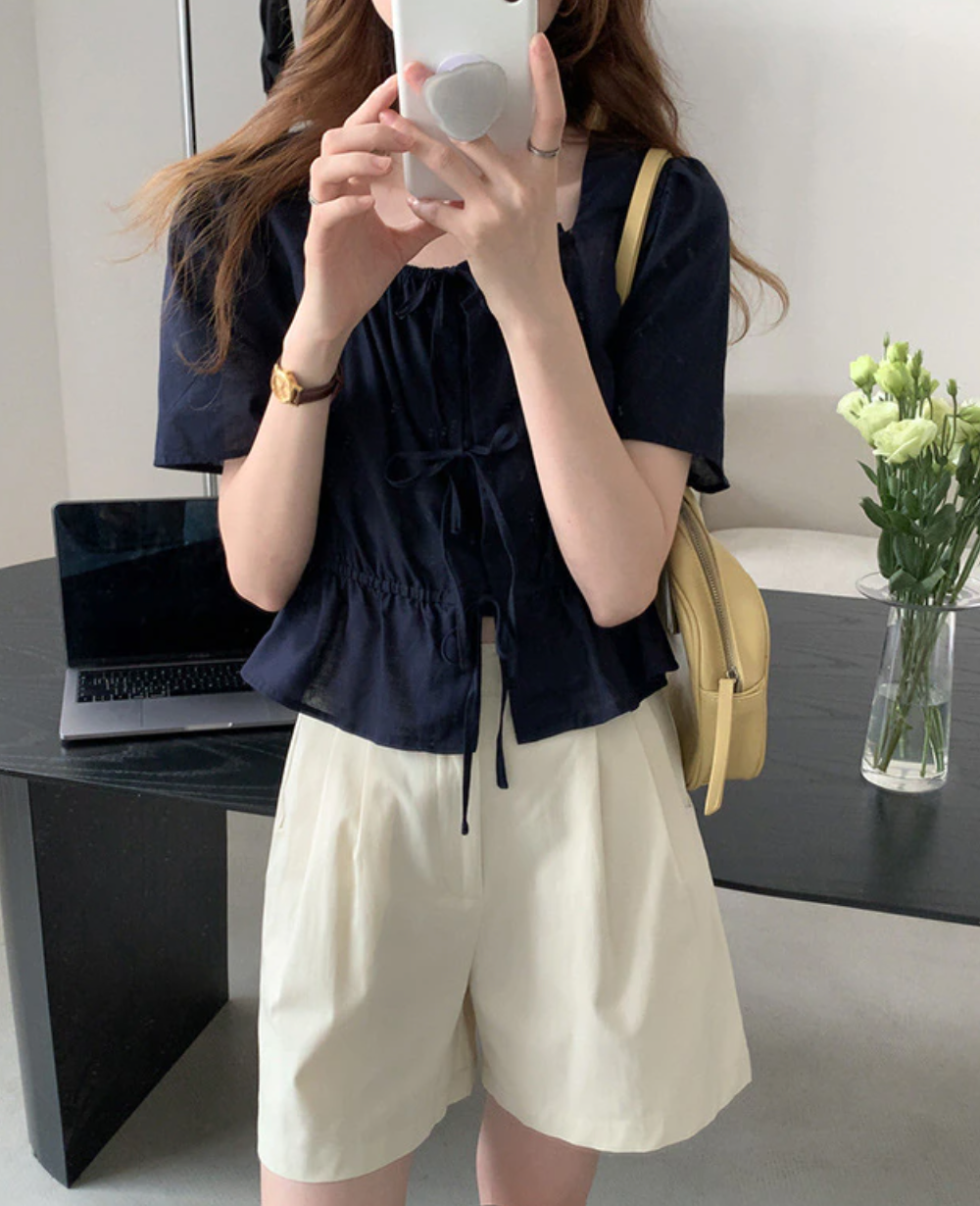 [Korean Style] Square Neck Drawstring Ruffle Blouse