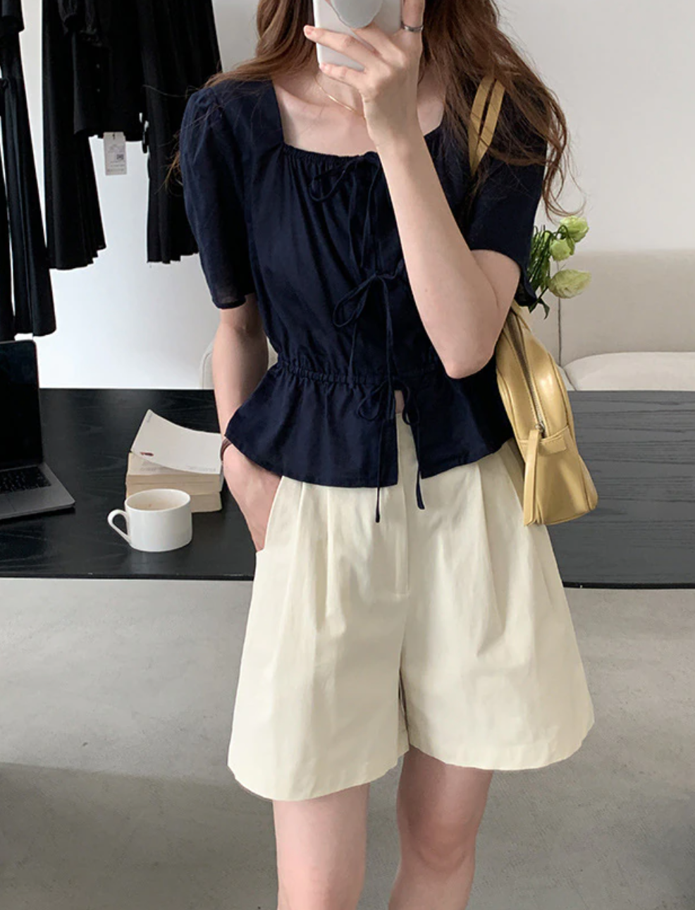 [Korean Style] Square Neck Drawstring Ruffle Blouse