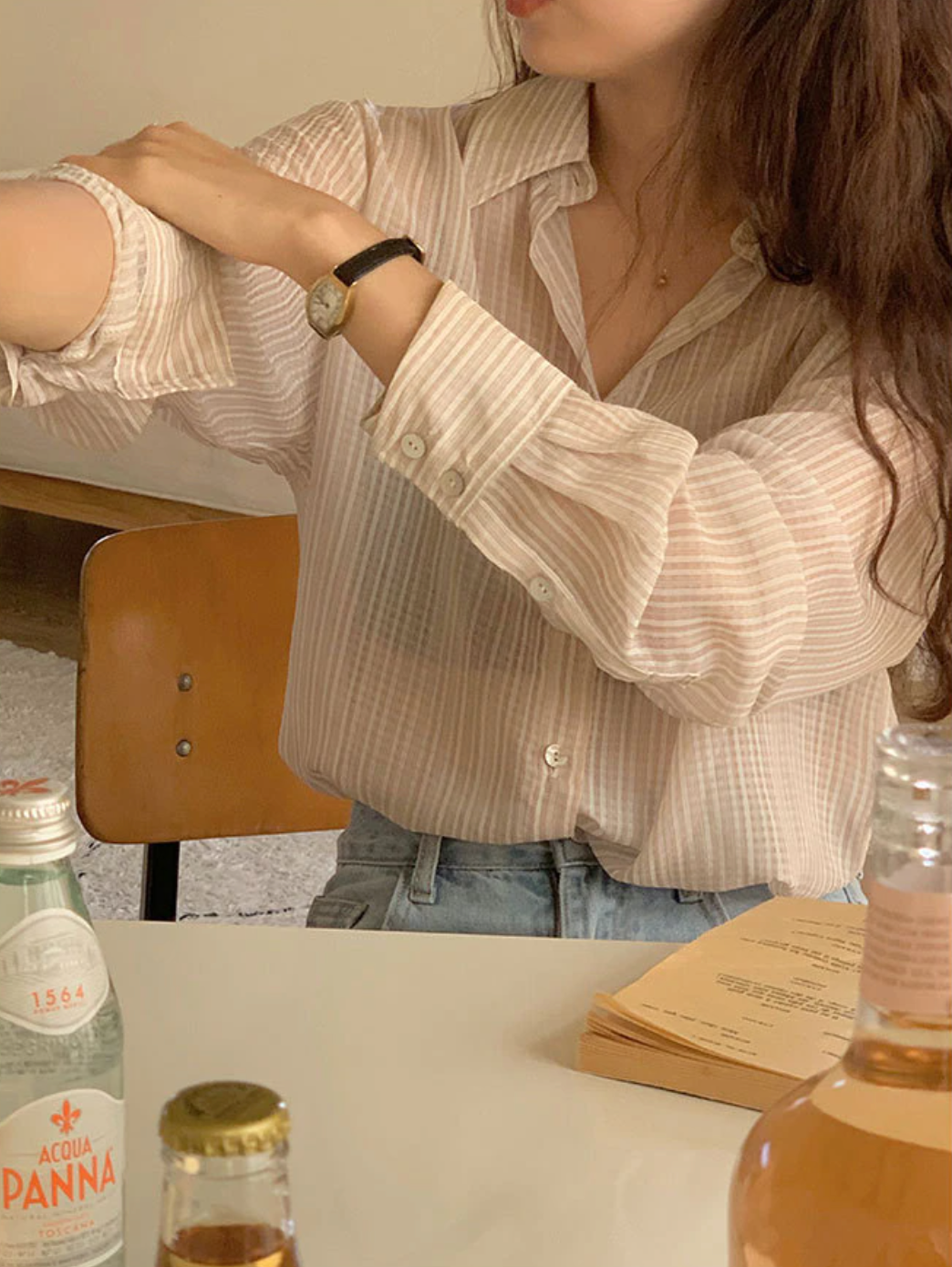 [Korean Style] Striped Lapel Loose Fit See-through Blouse