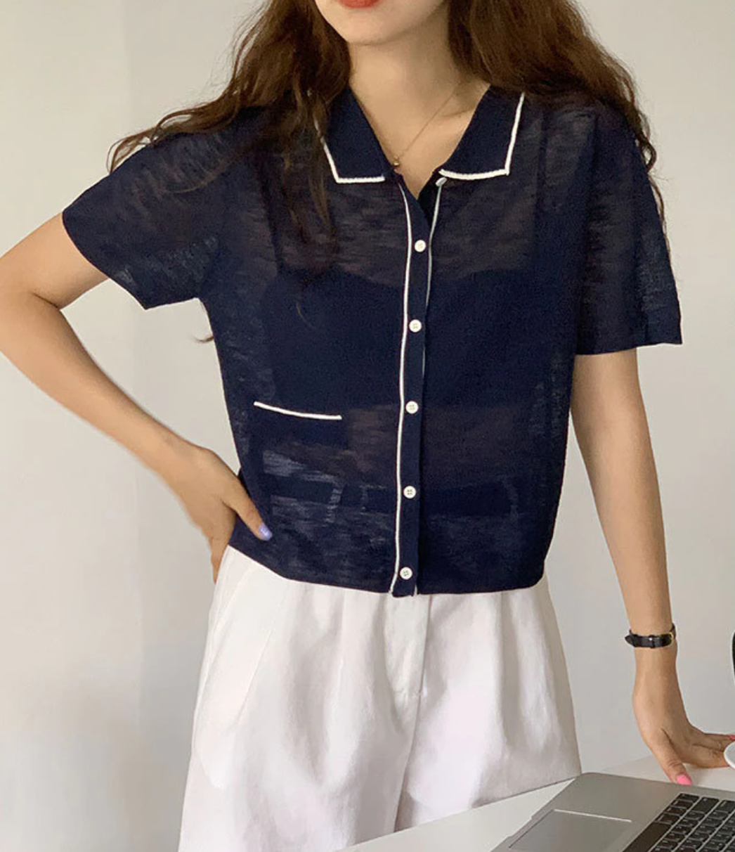 [Korean Style] Collared Contrast Pipping Summer Knit Top Cardigan
