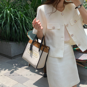 [Korean Style] Collarless Cor-ord Matching Tweed Jacket Skirt 2 pc Set