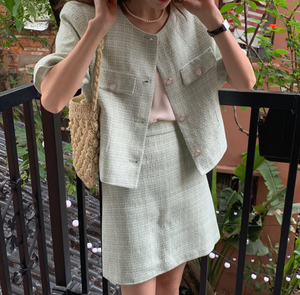 [Korean Style] Collarless Cor-ord Matching Tweed Jacket Skirt 2 pc Set