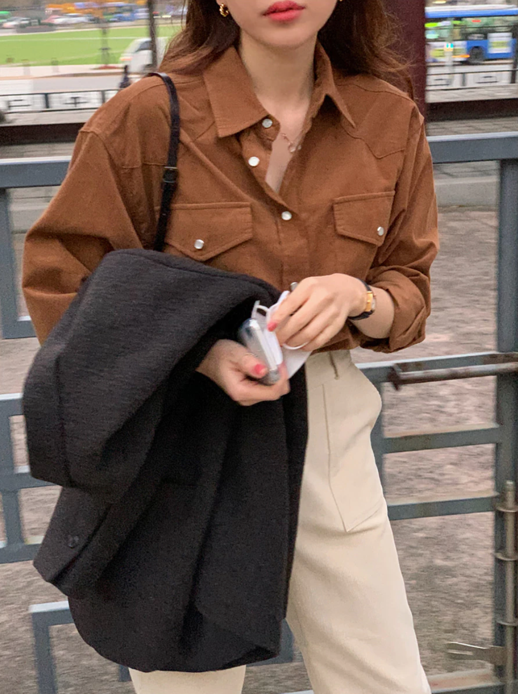 [Korean Style] Brown Black Solid Color Corduroy Shirt