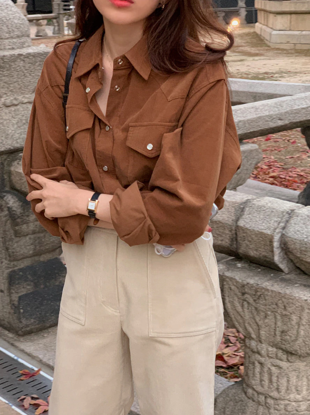 [Korean Style] Brown Black Solid Color Corduroy Shirt