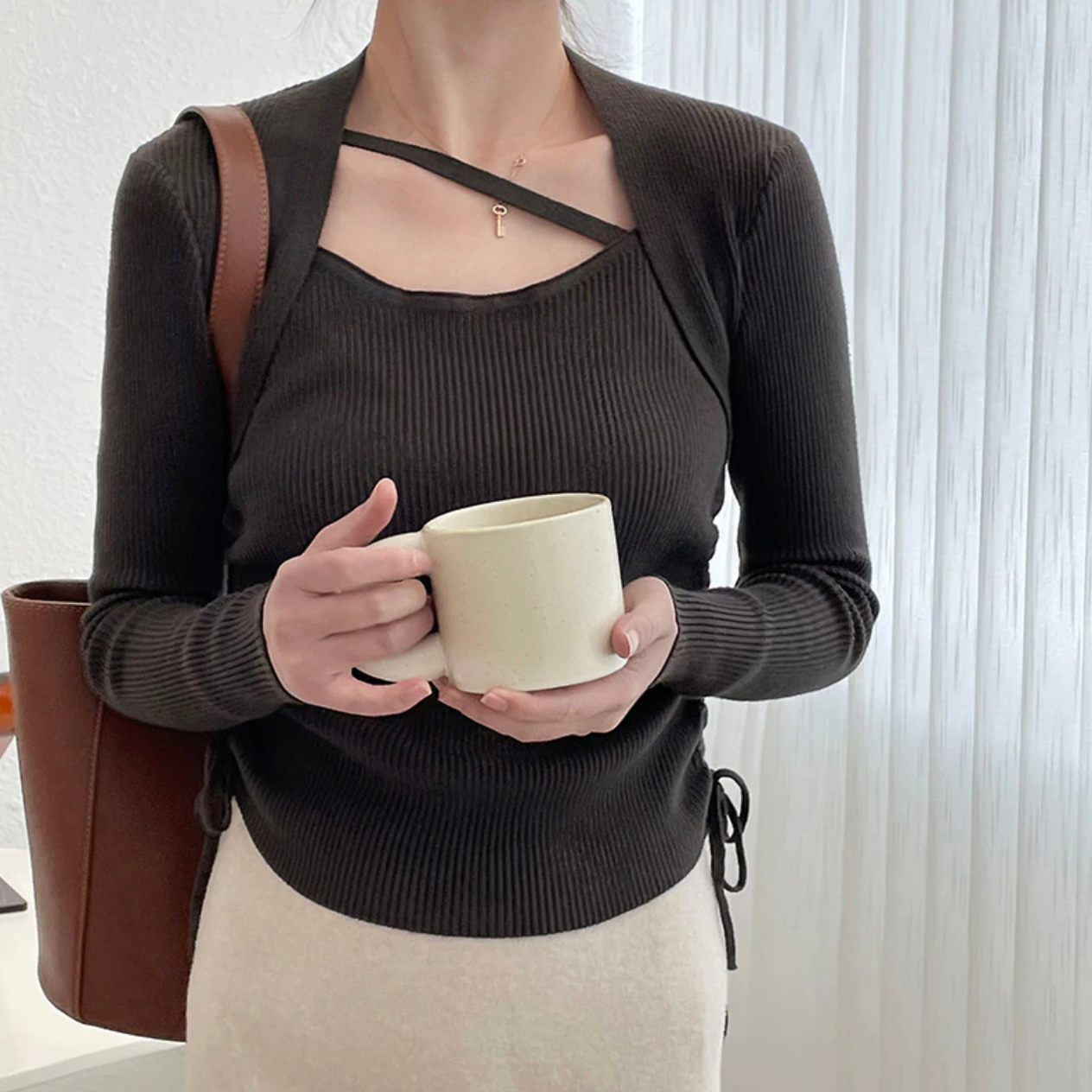 [Korean Style] Solid Color Drawstring Long Sleeve Rib Knit Top