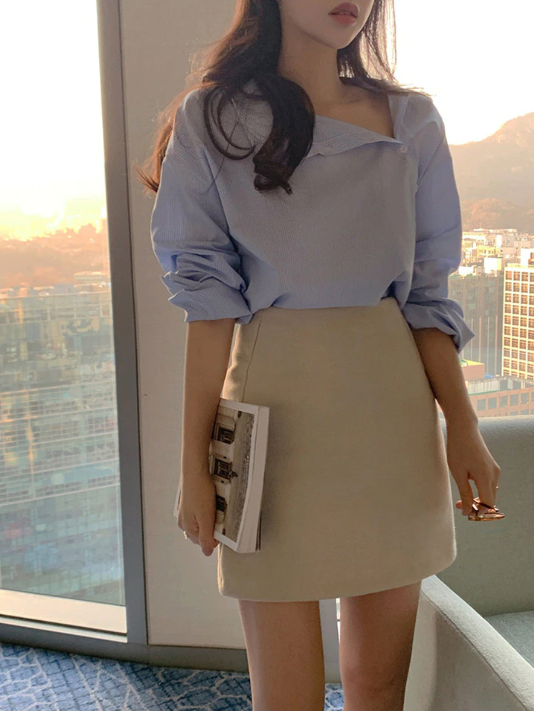 [Korean Style] Asymmetrical Collar Long Sleeve Striped Blouse