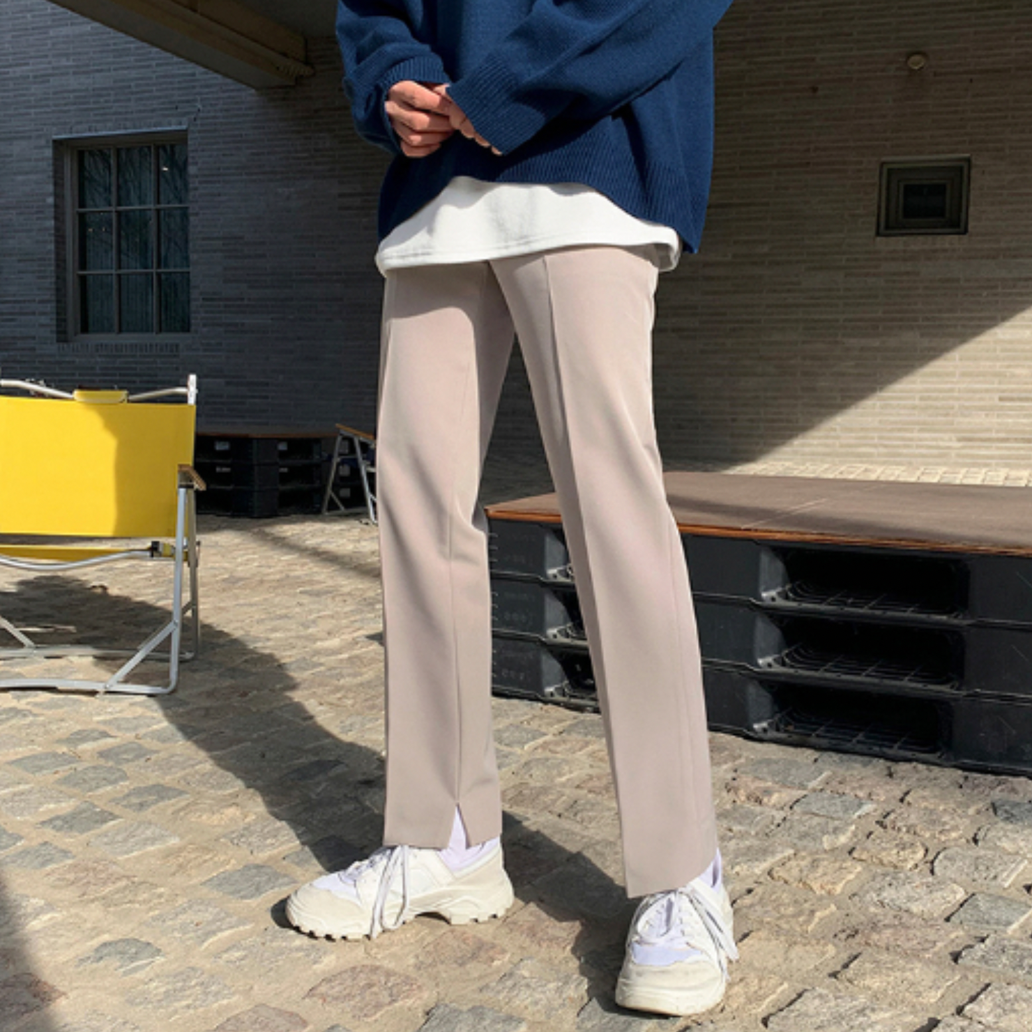 [Korean Style] Beige/Black Casual Straight Pants