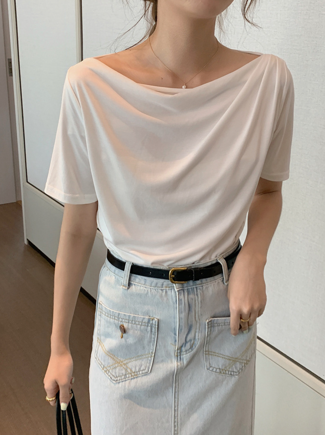 [Korean Style] Cowl Neck Solid Color Short Sleeve Top