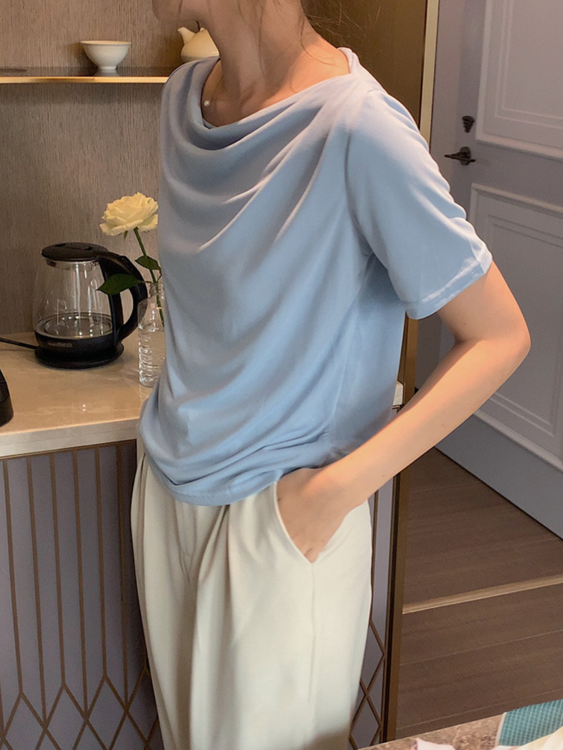 [Korean Style] Cowl Neck Solid Color Short Sleeve Top
