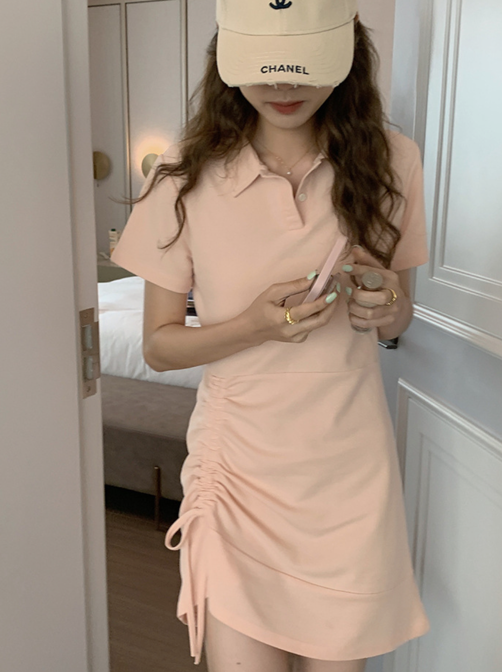 [Korean Style] Polo Collared Drawstring Ruched Mini Dress