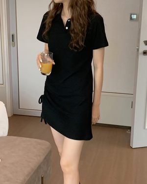[Korean Style] Polo Collared Drawstring Ruched Mini Dress