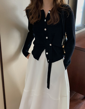 [Korean Style] Solid Color Belted Long Sleeve Rib Knit Cardigan