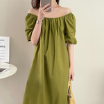 [Korean style] Solid Color Puff Sleeve A Line Midi Summer Dress