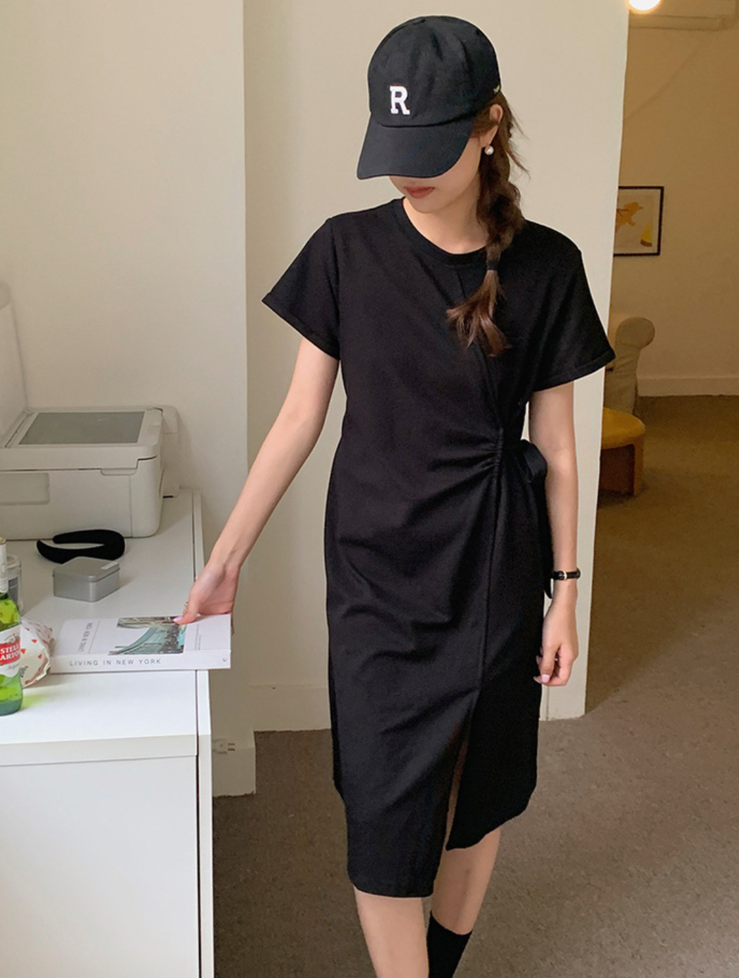 [Korean Style] Solid Color Belted Short Sleeve Knee-length Slit Dress