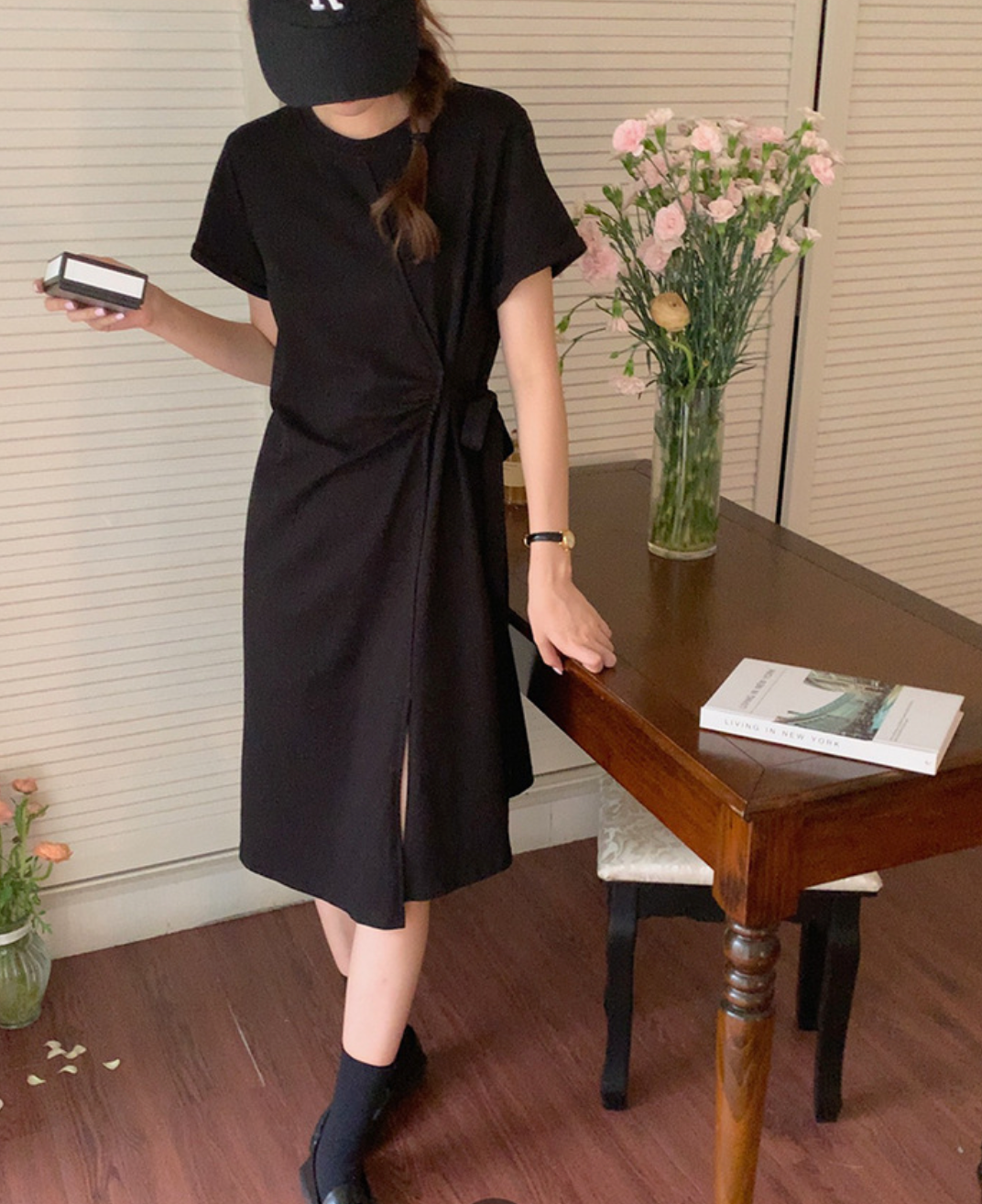 [Korean Style] Solid Color Belted Short Sleeve Knee-length Slit Dress