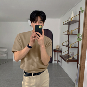 [Korean Style] Navy/Khaki Solid Color Round T-shirts