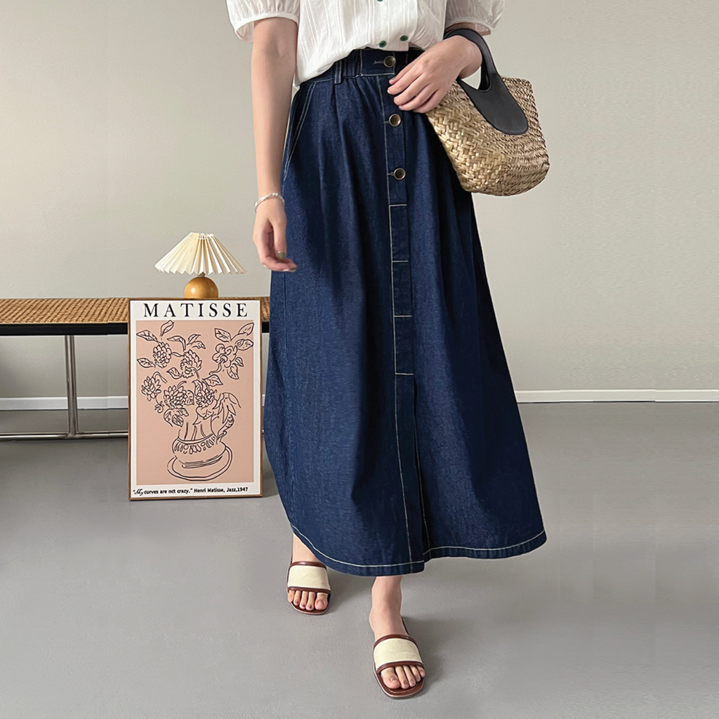 [Korean Style] Cinched Waist Dark Was Denim A-line Long Skirt