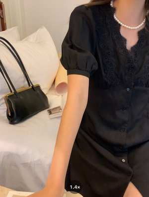 [Korean Style] French Style Puff Sleeve Lace V-neck Short Dress