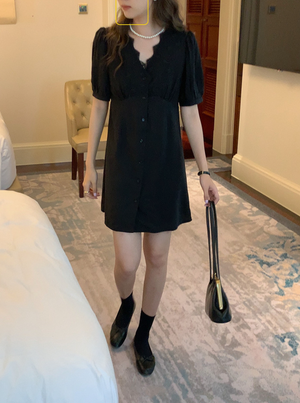 [Korean Style] French Style Puff Sleeve Lace V-neck Short Dress